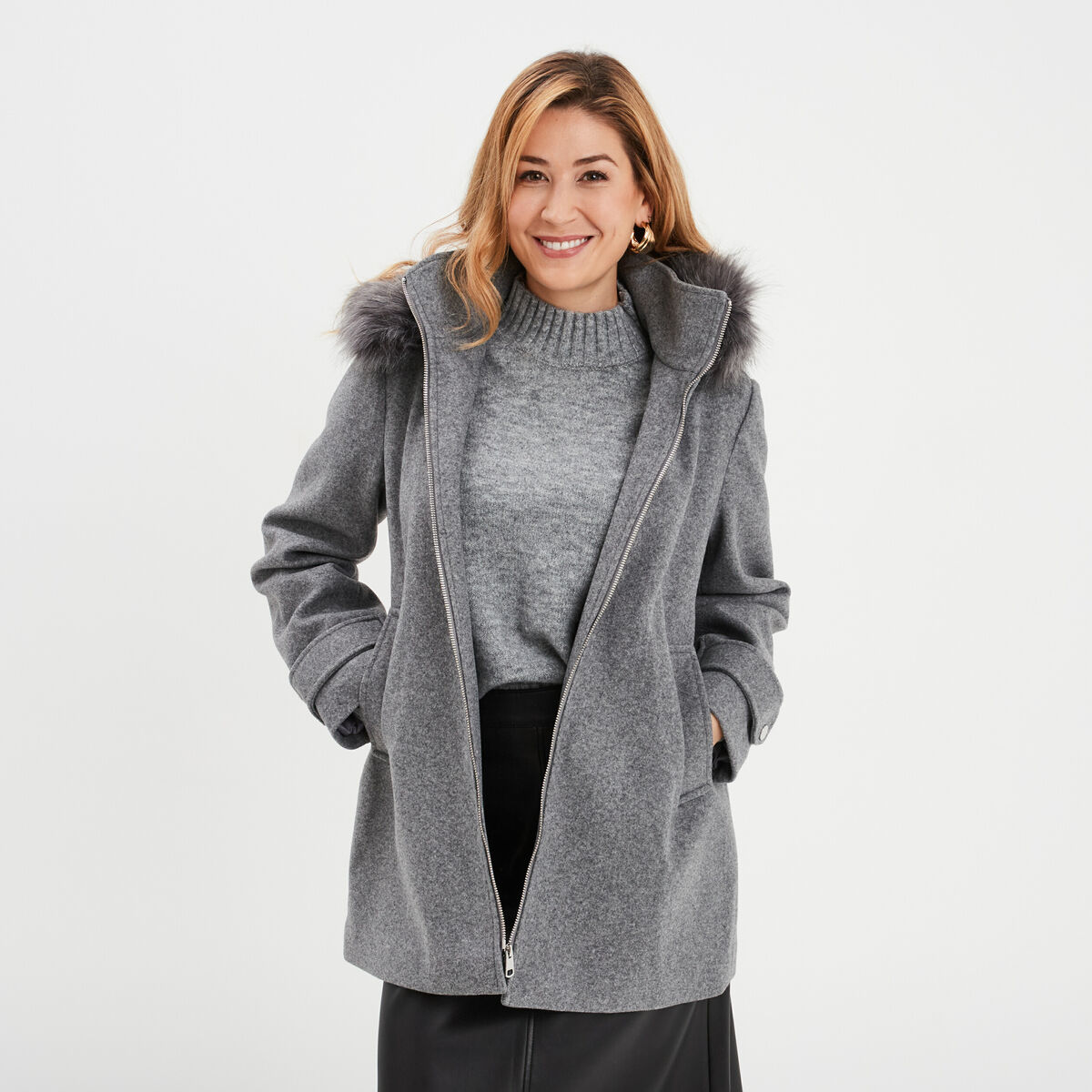 Manteau zipp&eacute; capuche fausse fourrure gris femme
