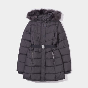 Doudoune ceinturée mi-longue à capuche gris clair femme