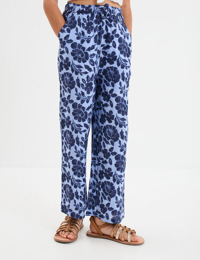 Pantalon fluide large taille élastiquée bleu fille