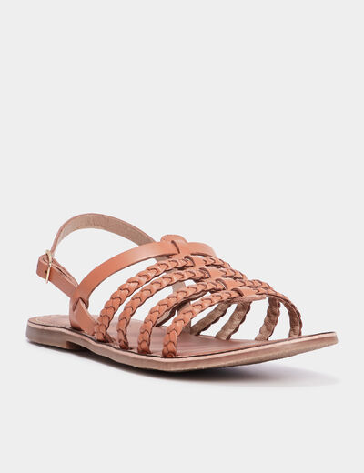 Sandales brides tressées en cuir marron femme