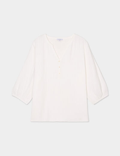 Blouse col tunisien manches 3/4 coton blanc femme grande taille