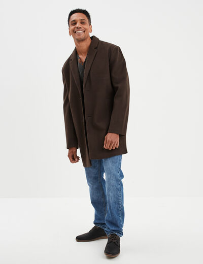 Manteau mi-long boutonné et doublé marron foncé homme