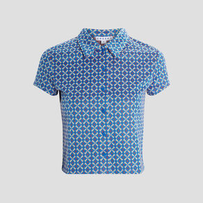 T-shirt cropped jacquard manches courtes bleu femme