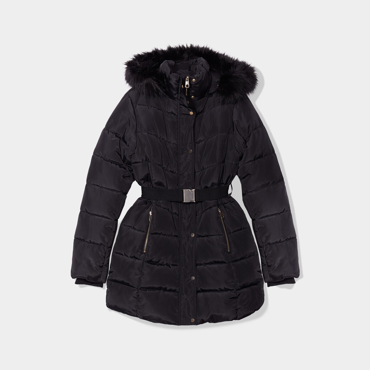 Doudoune ceintur&eacute;e mi-longue &agrave; capuche noir femme
