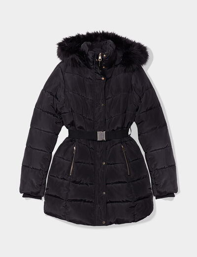 Doudoune ceinturée mi-longue à capuche noir femme