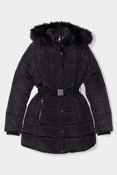Doudoune ceintur&eacute;e mi-longue &agrave; capuche noir femme