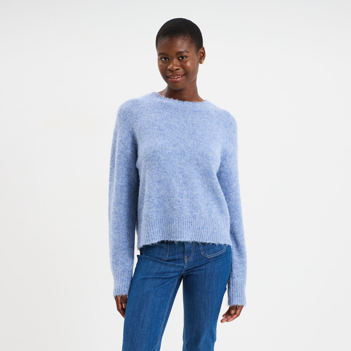 Pull col rond manches longues bleu ciel femme