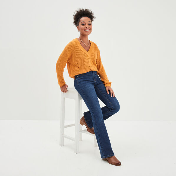 Pull avec détails ajourés jaune moutarde femme