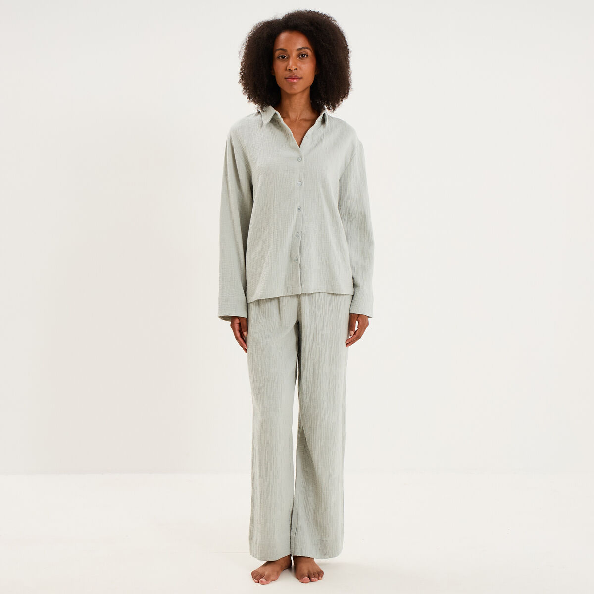 Ensemble pyjama chemise gaze de coton vert clair femme