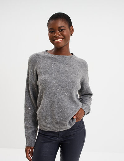 Pull col rond paillettes fils m&eacute;tallis&eacute;s gris femme