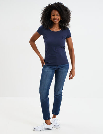T-shirt coton col rond manches courtes bleu marine femme