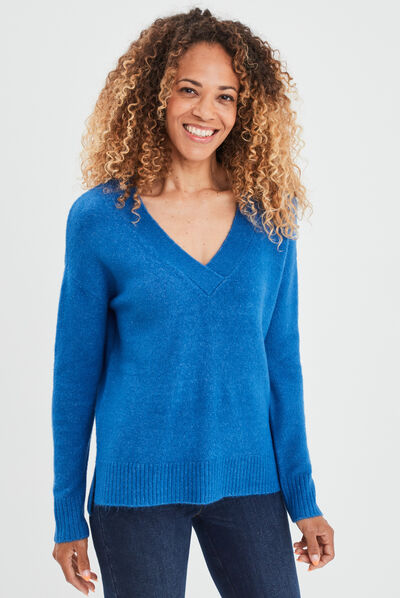 Pull col en V fentes aux côtés bleu roi femme