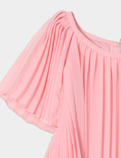 Robe plissée manches courtes col rond rose clair fille