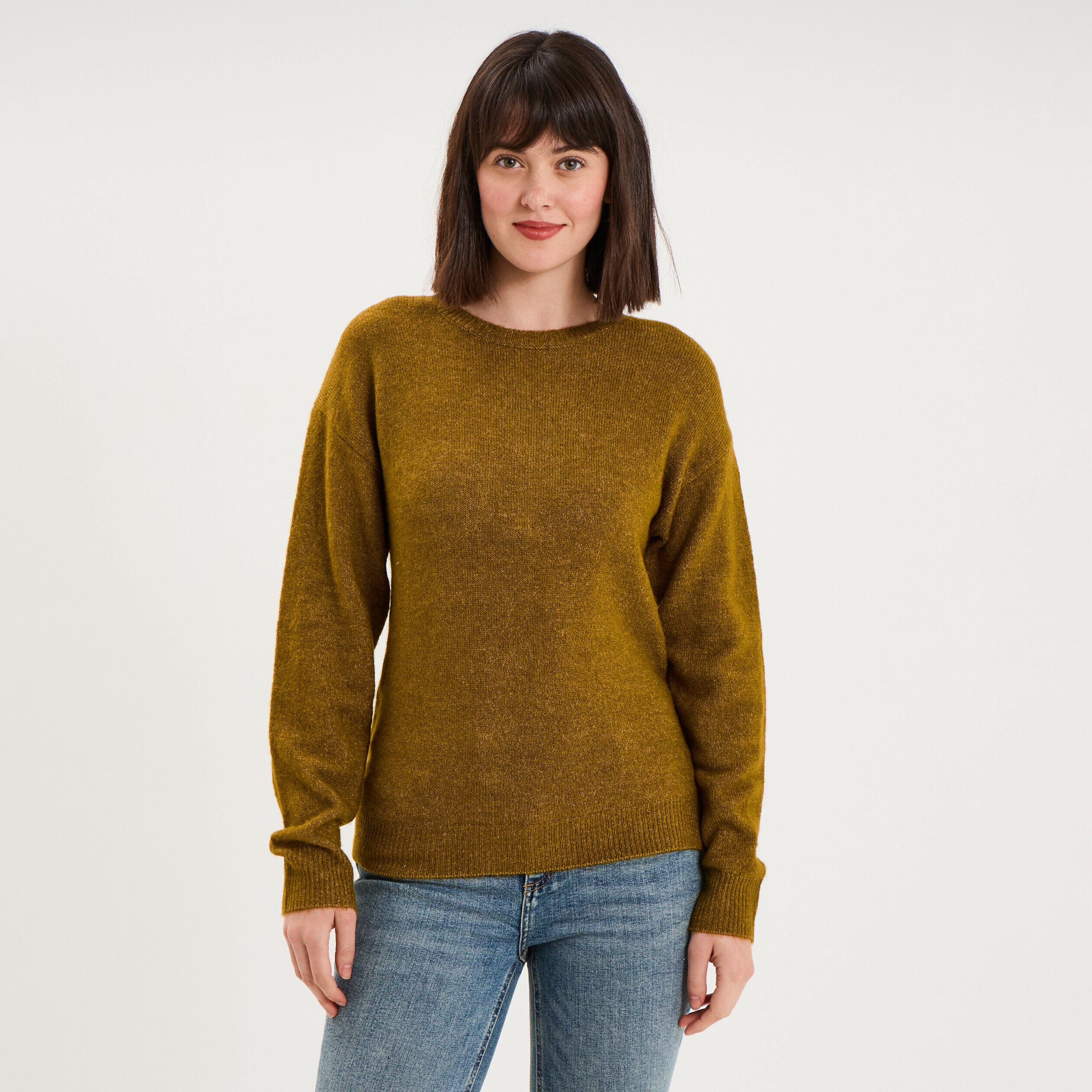 Pull col rond manches longues vert olive femme LH