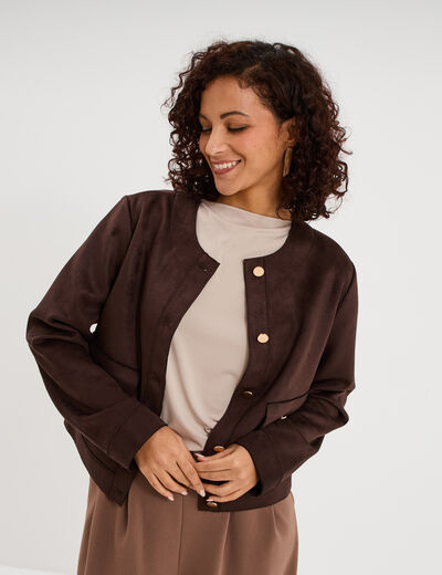 Veste boutonn&eacute;e effet su&eacute;dine marron fonc&eacute; femme