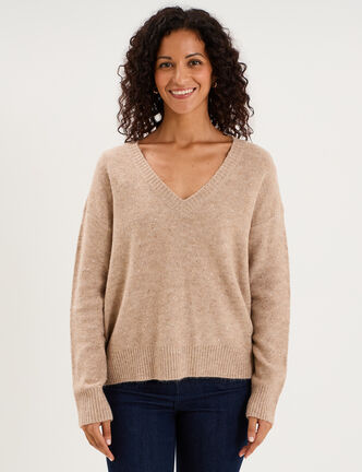 Pull droit &agrave; sequins et col en V beige femme