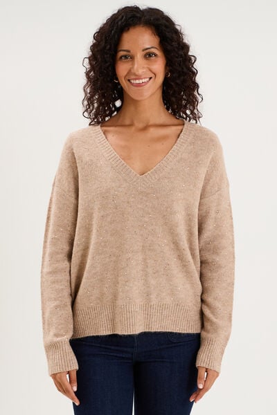 Pull droit &agrave; sequins et col en V beige femme