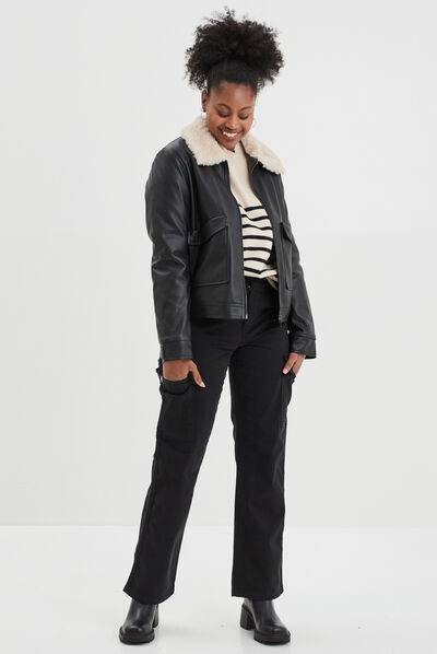 Veste simili cuir col aviateur noir femme