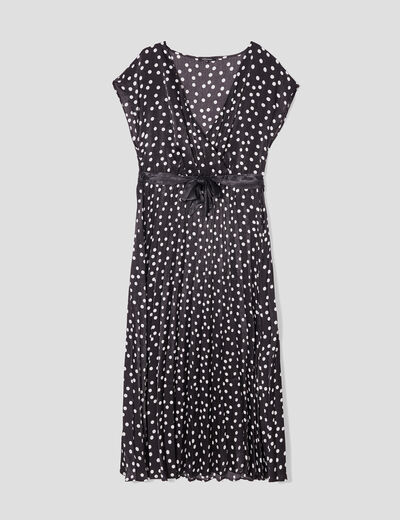 Robe longue évasée plissée et ceinturée noir femme