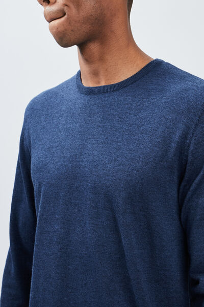 Pull droit col rond coton m&eacute;lang&eacute; bleu fonc&eacute; homme