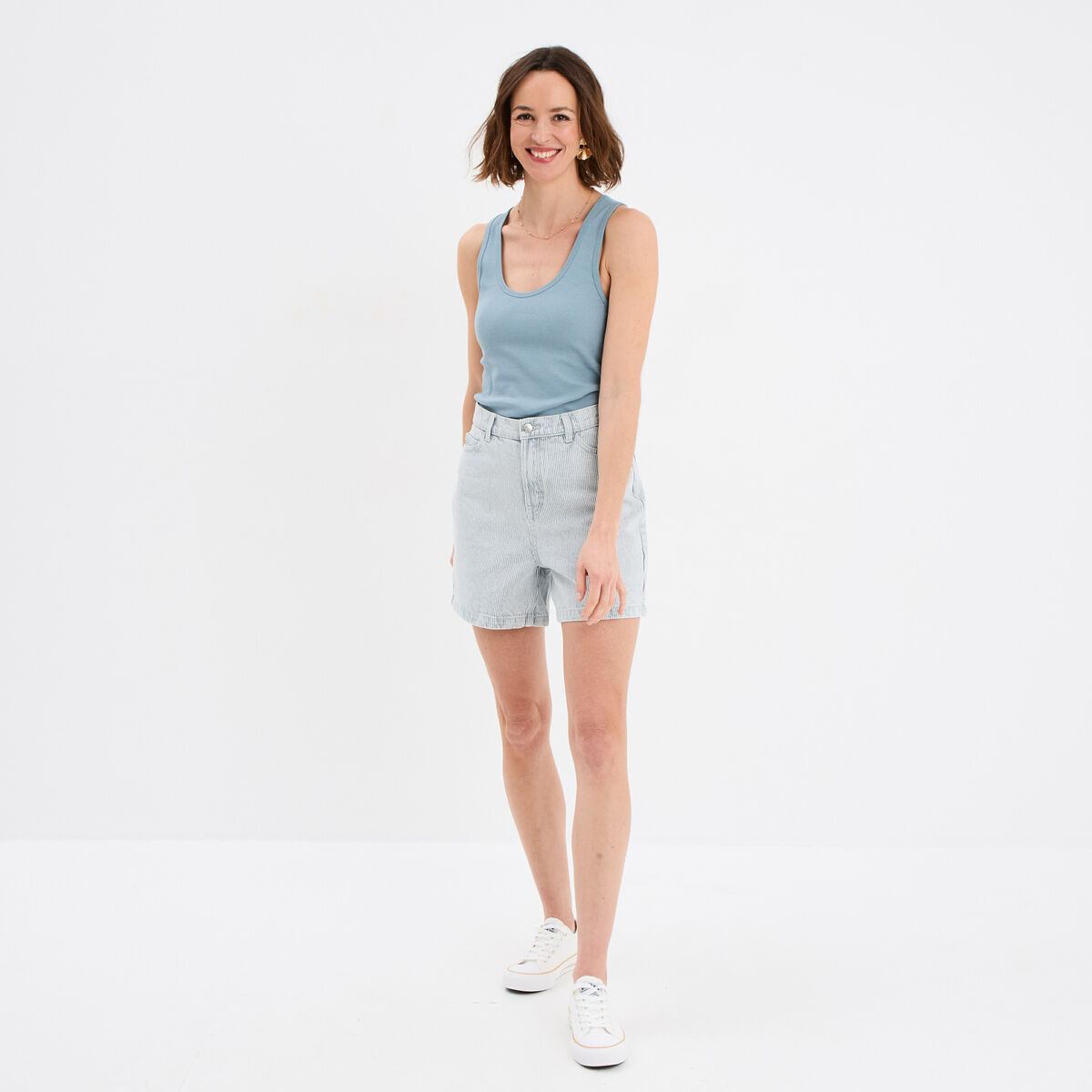 D&eacute;bardeur col rond c&ocirc;tel&eacute; coton gris femme
