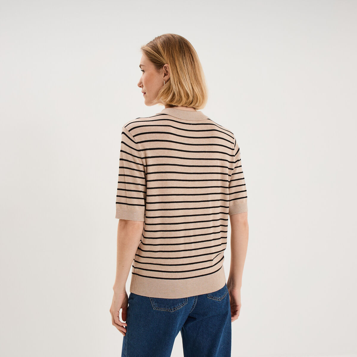 Pull col polo manches courtes beige clair femme