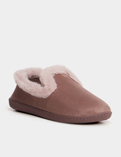 Chaussons fausse fourrure anti-d&eacute;rapants taupe femme