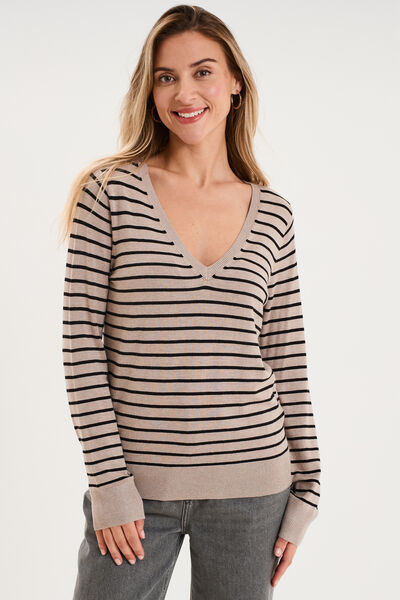 Pull col en V manches longues beige clair femme