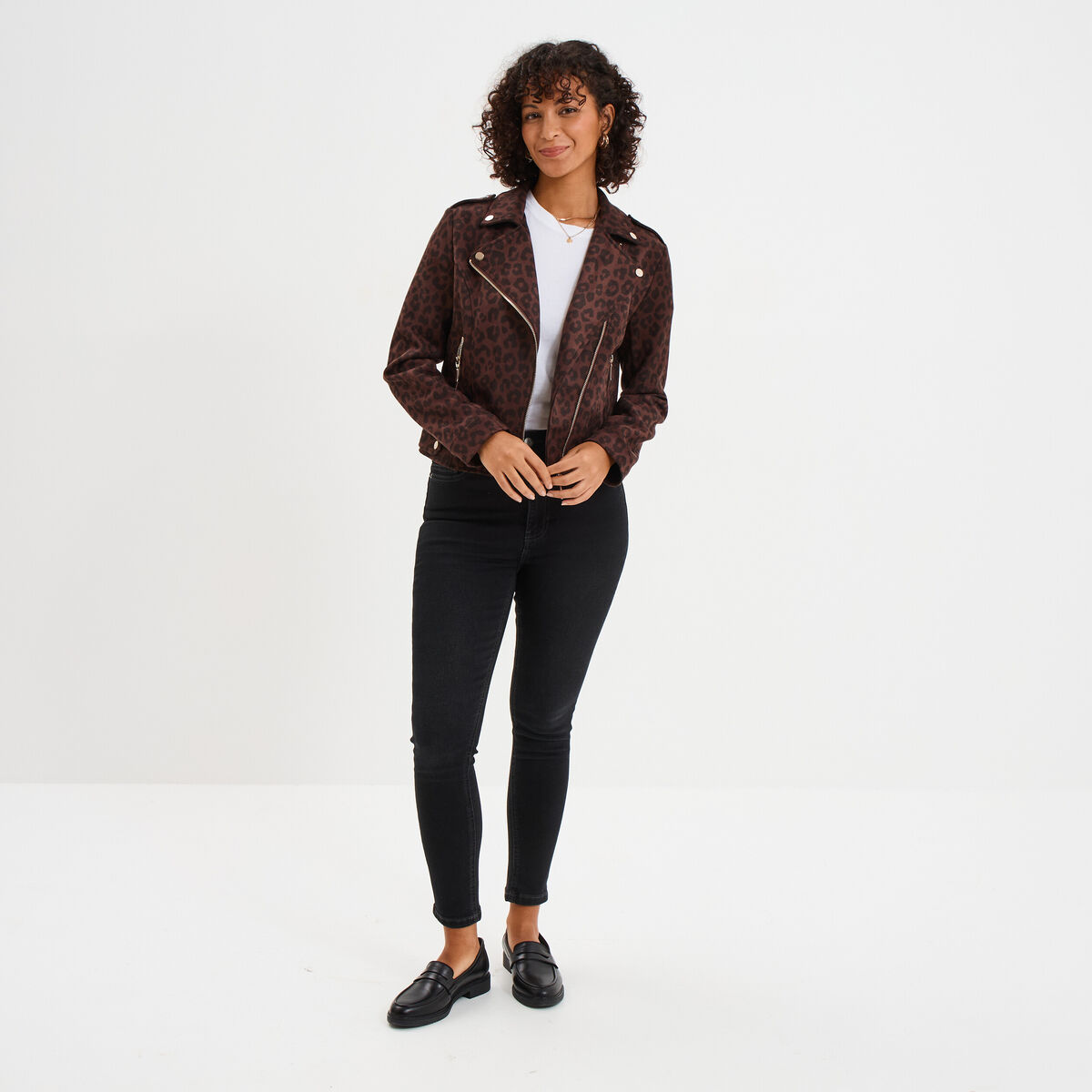 Veste courte esprit biker effet suédine marron foncé femme