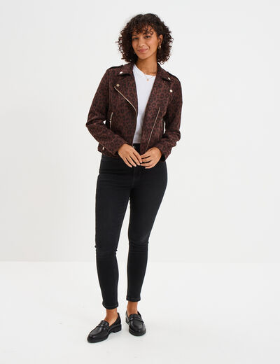 Veste courte esprit biker effet suédine marron foncé femme