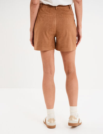 Short effet su&eacute;dine droit taille haute marron clair femme