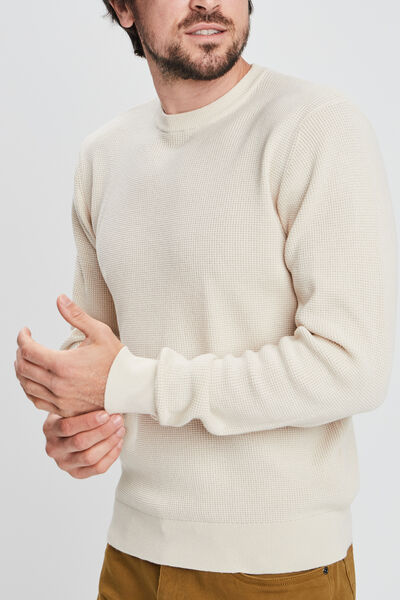Pull en maille textur&eacute;e col rond creme homme