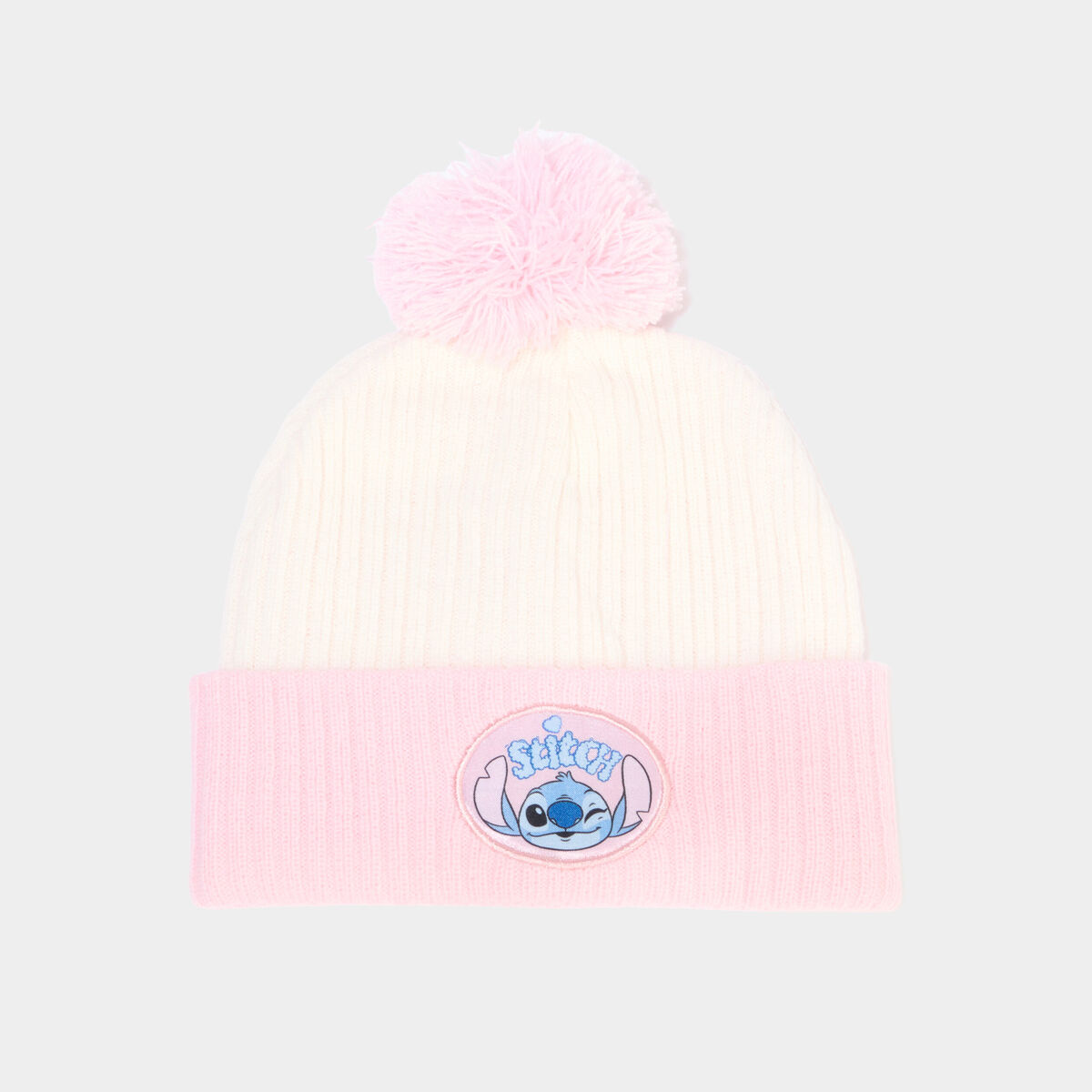 Bonnet &agrave; pompon Stitch ivoire fille