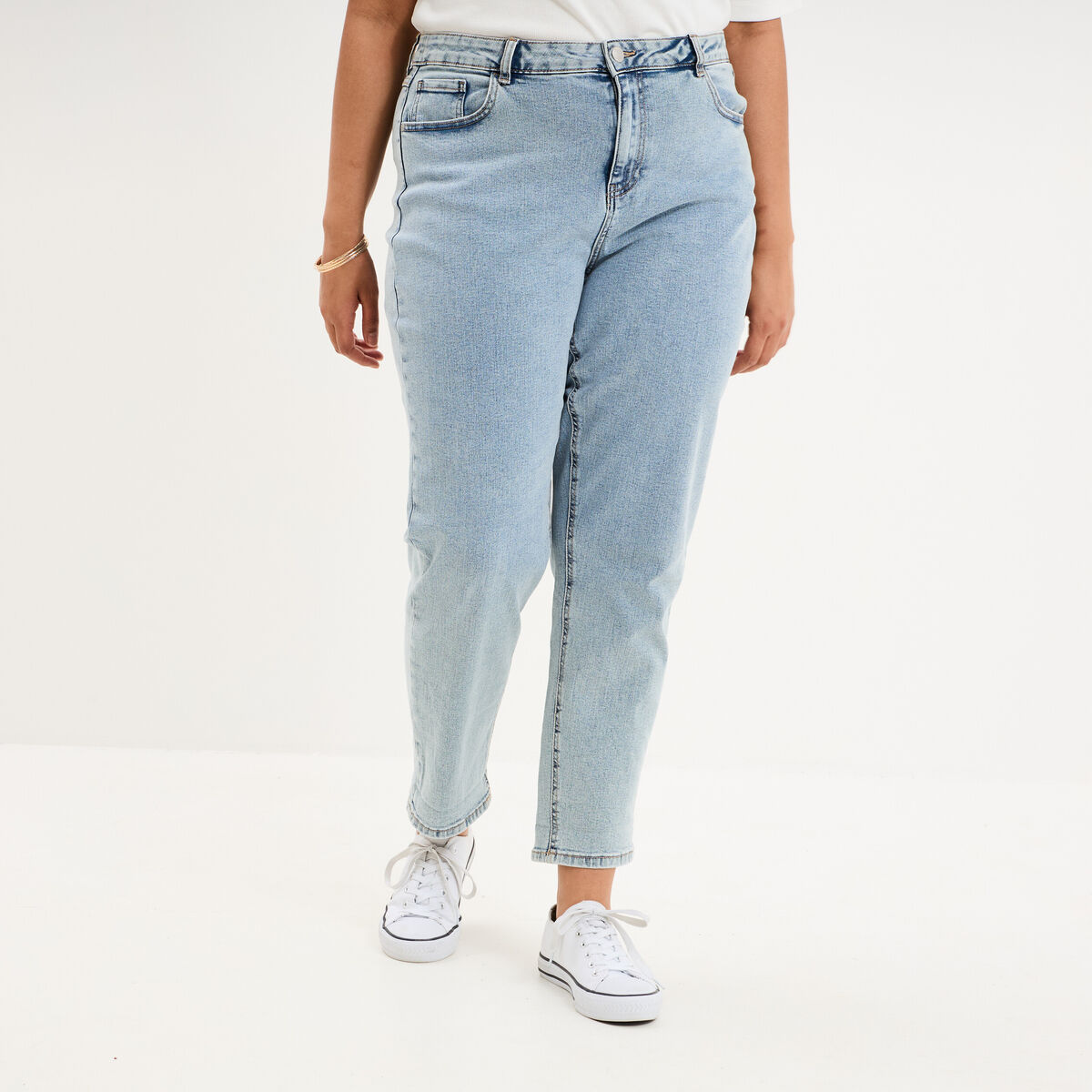 Jeans mom cropped taille haute denim double stone femme grande taille