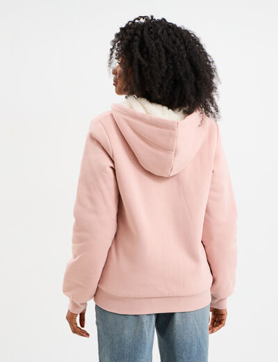 Sweat &agrave; capuche doublure effet sherpa rose poudr&eacute;e femme