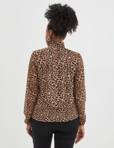 Blouse manches longues à col montant beige femme