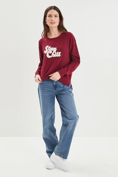 Pull col rond bordeaux femme