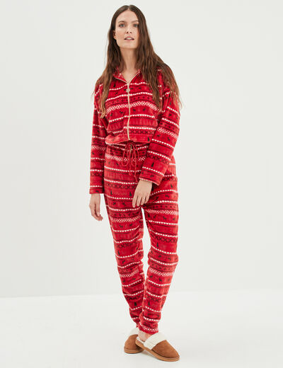 Combinaison pyjama pilou à capuche rouge femme