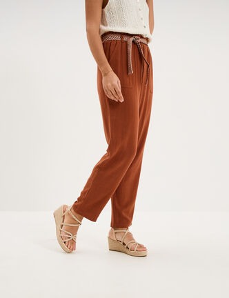 Pantalon paperbag &eacute;lastiqu&eacute; m&eacute;lange lin camel femme