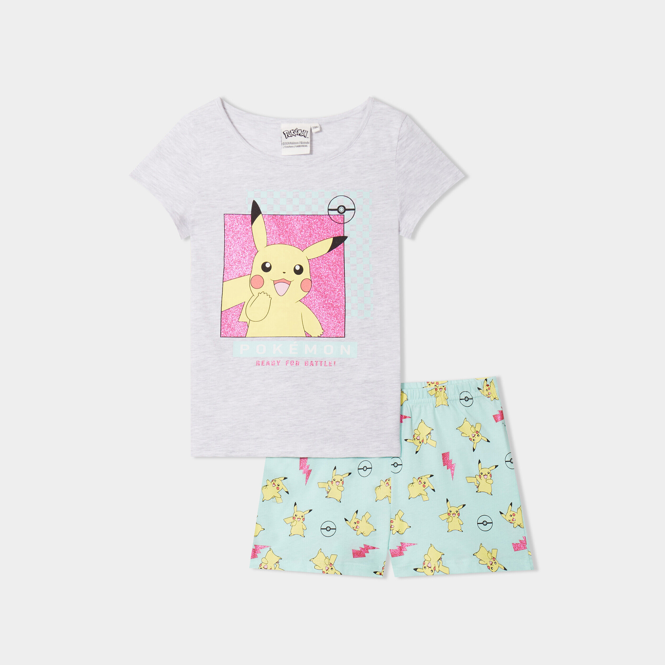 Ensemble pyjama short coton Pikachu gris clair fille