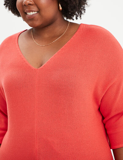 Pull manches 3/4 ajusté rouge femme grande taille