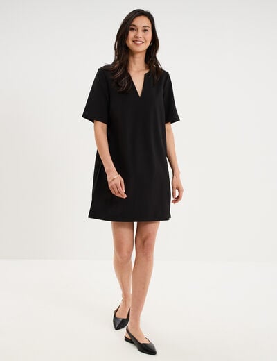 Robe courte col en V manches courtes noir femme