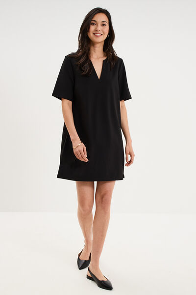 Robe courte col en V manches courtes noir femme
