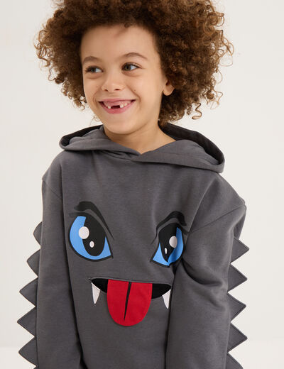 Sweat hoodie détails fantaisie coton gris foncé garçon