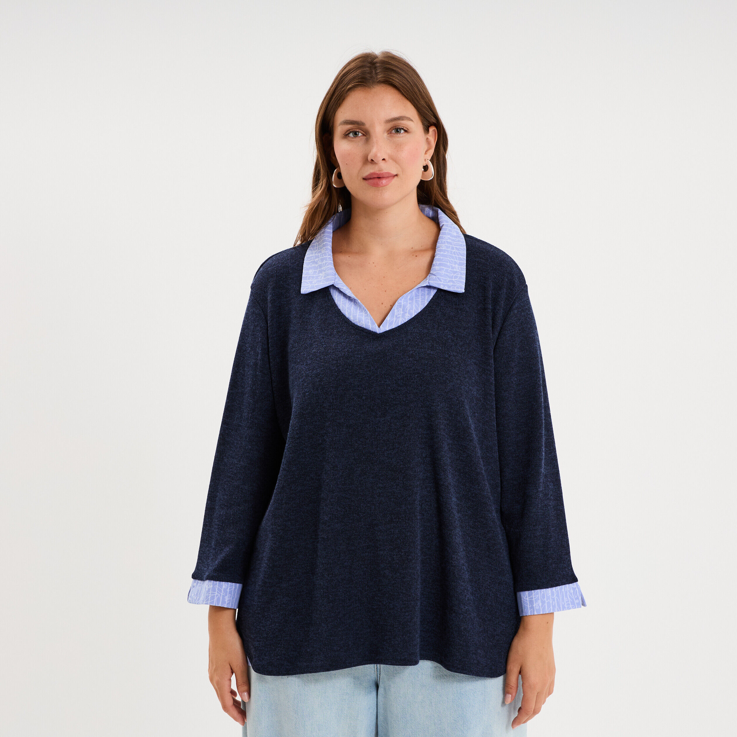 Pull effet 2-en-1 avec manches 3/4 bleu marine femme grande taille LH