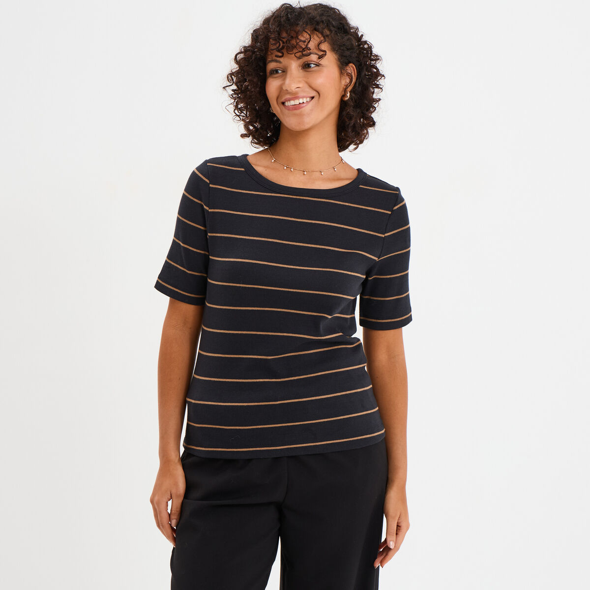T-shirt col rond manches courtes coton noir femme