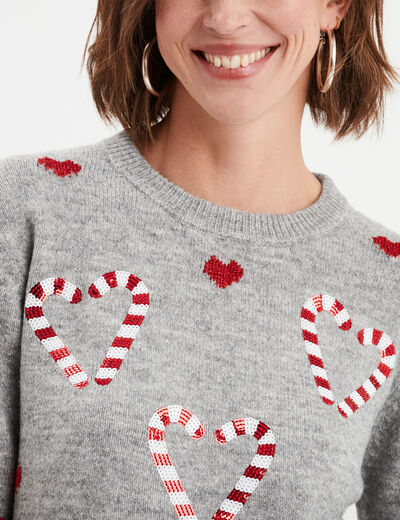 Pull No&euml;l avec sequins et col rond gris clair femme