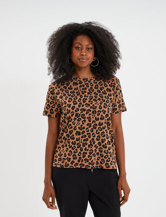 T-shirt coton col rond manches courtes camel femme