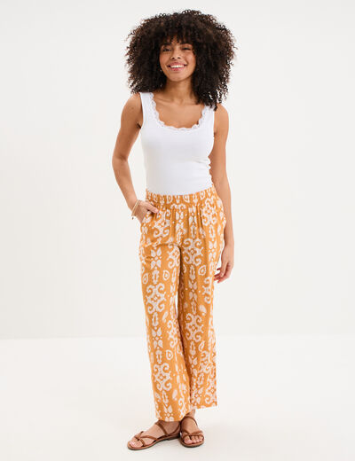 Pantalon fluide large taille &eacute;lastiqu&eacute;e jaune ocre femme