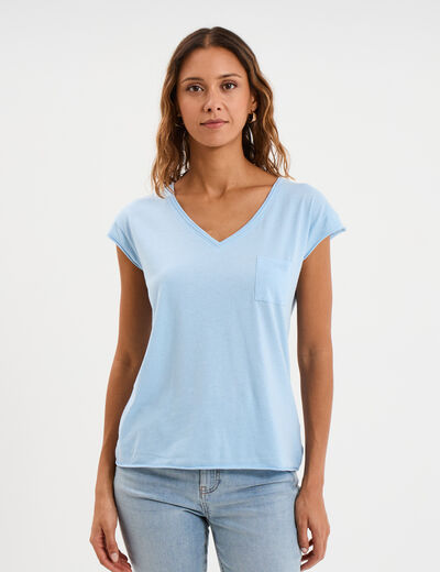 T-shirt col v poche poitrine bleu clair femme